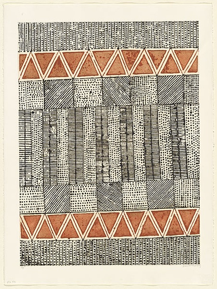 Artist: b'RED HAND PRINT' | Title: b'Black dots and stripes - red ochre triangles' | Date: 1998, 23 July | Technique: b'etching, sugarlift, open-bite and aquatint, printed in colour, from multiple plates' | Copyright: b'\xc2\xa9 Janice Murray and Jilamara Arts + Craft'