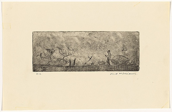 Artist: b'WILLIAMS, Fred' | Title: b'Landscape with gliders' | Date: 1955-56 | Technique: b'etching, foul biting, drypoint and flat biting, printed in black ink, from one copper plate' | Copyright: b'\xc2\xa9 Fred Williams Estate'