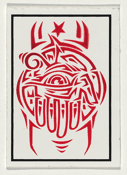 Title: Eye palm stencil [sticker] | Technique: screenprint, printed in black and red ink, from two stencils