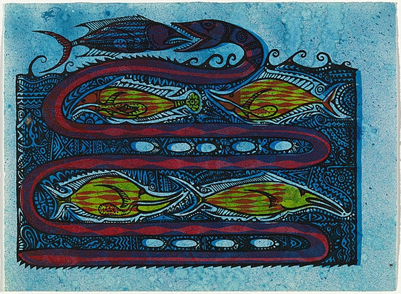 Title: b'Not titled [fish and eel]' | Technique: b'lincout, printed in black ink, from one block; handcoloured'