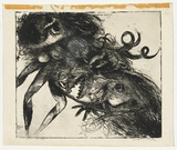 Artist: BOYD, Arthur | Title: Double figure with shark head and horns (Elektra backdrop). | Date: 1962-63 | Technique: etching and aquatint, printed in blueish black ink, from one plate | Copyright: Reproduced with permission of Bundanon Trust