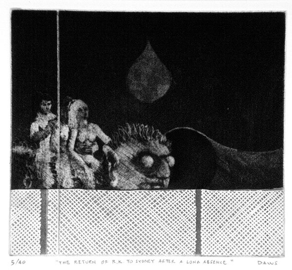 Artist: b'Daws, Lawrence.' | Title: b'The return of R.K.[Rudy Komon] to Sydney after a long absence.' | Date: 1978 | Technique: b'aquatint and etching, printed in black ink, from one plate' | Copyright: b'\xc2\xa9 Lawrence Daws'