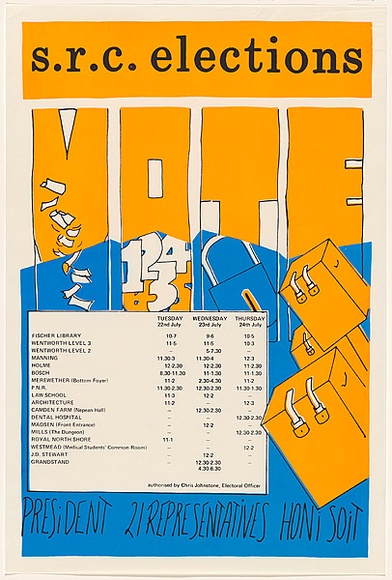 Artist: b'STUDENTS' | Title: b'S.R.C. Elections [1986].' | Date: 1986 | Technique: b'screenprint, printed in colour, from three stencils'