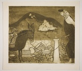 Artist: b'Haxton, Elaine' | Title: b'Mykonos' | Date: 1969 | Technique: b'etching and aquatint, printed in brown-green ink'