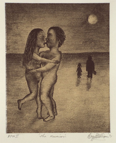 Artist: b'Doggett-Williams, Phillip.' | Title: b'The reunion' | Date: 1991, January | Technique: b'lithograph, printed in colour, from two stones (black and beige)'