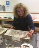 Title: b'Jarmila Hava working on a lithographic stone.'