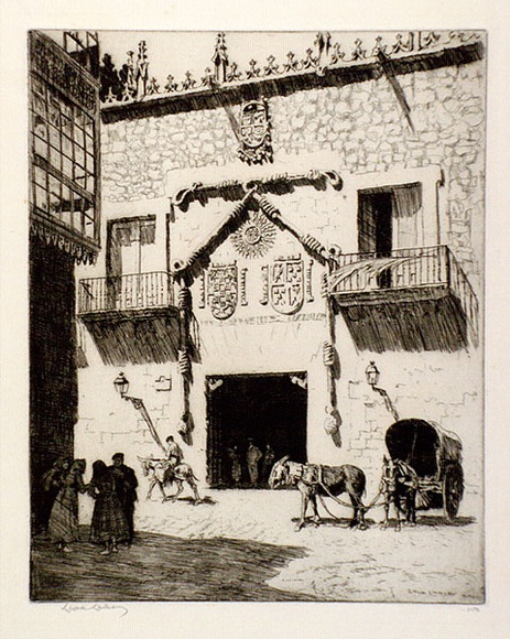 Artist: b'LINDSAY, Lionel' | Title: b'Casa del Cordon, Burgos, Spain' | Date: 1928 | Technique: b'etching, printed in warm black ink, from one plate' | Copyright: b'Courtesy of the National Library of Australia'