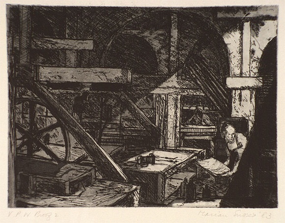 Artist: b'Sussex, Marian.' | Title: b'not titled [scene from a workshop]' | Date: 1983 | Technique: b'etching, printed in black ink with plate-tone, from one plate'