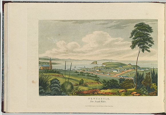 Artist: b'LYCETT, Joseph' | Title: b'Newcastle, New South Wales.' | Date: 1824 | Technique: b'etching, aquatint and roulette, printed in black ink, from one copper plate; hand-coloured'