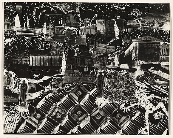 Title: b'not titled [collage composition, religious motifs at lower left and centre]' | Date: c.1993 | Technique: b'clich\xc3\xa9-verre, printed in black, from hand-drawn negative'