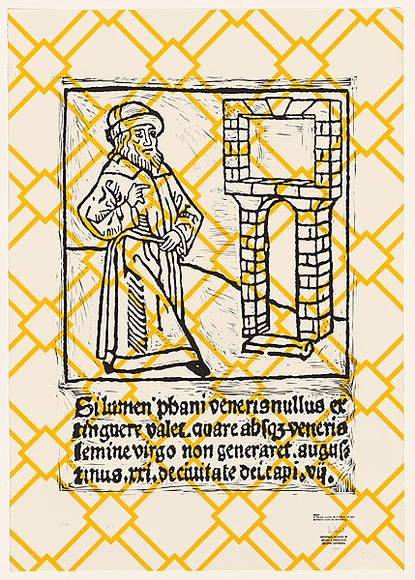 Artist: b'TYNDALL, Peter' | Title: b'A Person Looks At a Work of Art. Someone looks at something ... I' | Date: 1988 | Technique: b'linocut, printed in black ink, from one block; screenprint, printed in yellow ink, from one stencil'