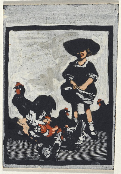 Artist: b'Leason, Percy.' | Title: b'Feeding the chickens' | Date: (c.1919) | Technique: b'scraper board drawing' | Copyright: b'Permission granted in memory of Percy Leason'