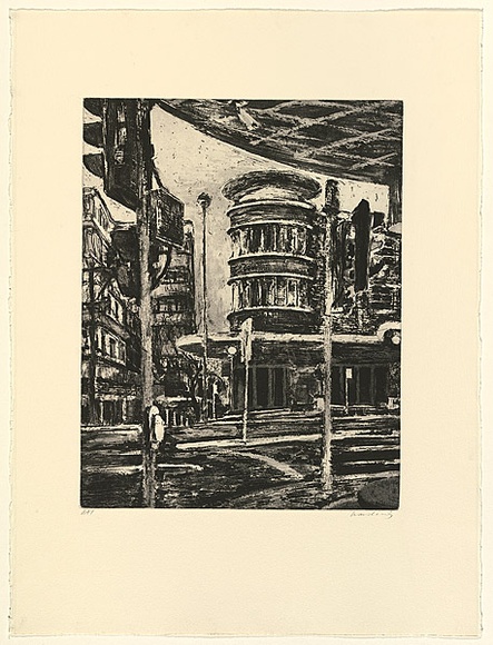 Artist: b'Harding, Nicholas.' | Title: b'not titled [The Albury]' | Date: 2001 | Technique: b'ethcing, aquatint, sugar-lift and open-bite, printed in black ink, from one plate'