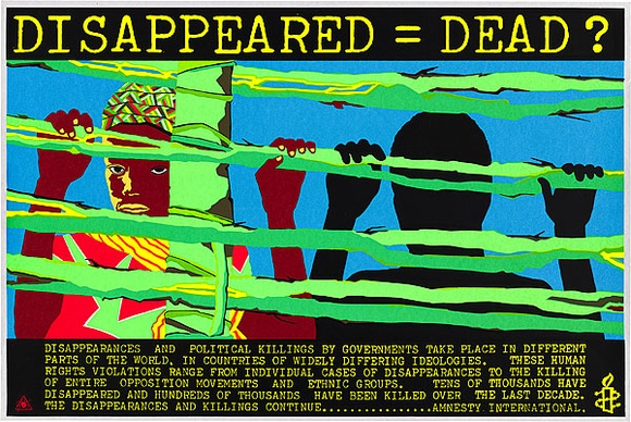 Artist: b'REDBACK GRAPHIX' | Title: b'Disappeared = Dead?.' | Date: 1983 | Technique: b'screenprint, printed in colour, from six stencils' | Copyright: b'\xc2\xa9 Michael Callaghan'