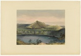 Artist: b'Angas, George French.' | Title: b'Mount Gambier with one of its volcanic lakes.' | Date: 1846-47 | Technique: b'lithograph, printed in colour, from multiple stones; varnish highlights by brush'
