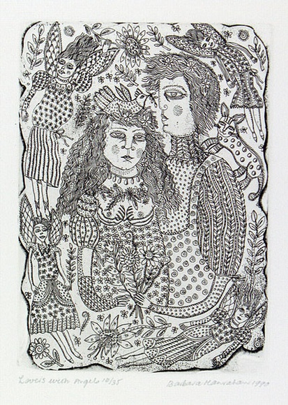Artist: b'HANRAHAN, Barbara' | Title: b'Lovers with angels' | Date: 1990 | Technique: b'etching and drypoint, printed in black ink with plate-tone, from one plate'
