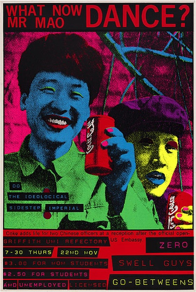 Artist: b'Queensland Film and Drama Centre.' | Title: b'What now Mr Mao, dance?.' | Date: 1979 | Technique: b'screenprint, printed in colour, from five stencils' | Copyright: b'\xc2\xa9 Michael Callaghan'