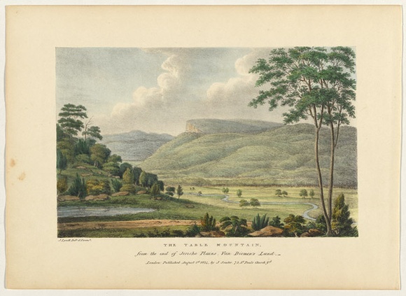 Artist: b'Lycett, Joseph.' | Title: bThe Table Mountain, from the end of Jericho Plains, Van Diemen's Land | Date: 01 August 1824 | Technique: b'lithograph, printed in black ink, from one stone; hand-coloured'