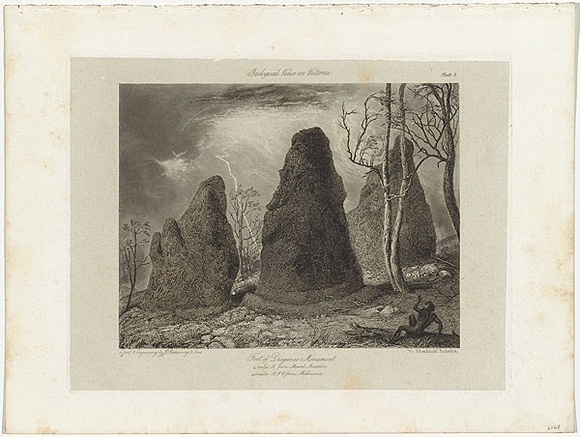 Title: b'Foot of Diogenes Monument. 4 miles N. from Mount Macedon, 40 miles NNW from Melbourne.' | Date: 1855-56 | Technique: b'etching, engraving and lavis, printed in black ink, from one copper plate'