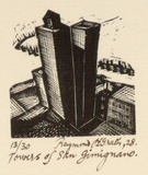 Artist: b'McGrath, Raymond.' | Title: b'The towers of San Gimignano' | Date: 1928 | Technique: b'wood-engraving, printed in black ink, from one block'