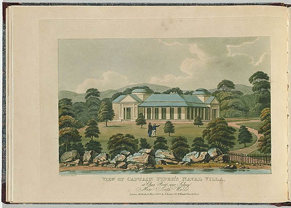 Artist: b'LYCETT, Joseph' | Title: bView of Captain Piper's Naval Villa, at Eliza Point near Sydney, New South Wales. | Date: 1825 | Technique: b'etching and aquatint, printed in black ink, from one copper plate; hand-coloured'