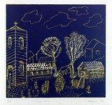 Artist: SHEARER, Mitzi | Title: Village scene | Date: 1979 | Technique: linocut, printed in colour, from two blocks