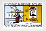 Title: b'Postcard: Citizens of Ducksville declare open season on Ronald Reagan.' | Date: 1984 | Technique: b'screenprint, printed in colour, from multiple stencils'