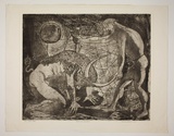 Artist: b'Haxton, Elaine' | Title: b'Death of minotaur' | Date: 1967 | Technique: b'open-bite etching and aquatint, printed in black ink, from ine plate'