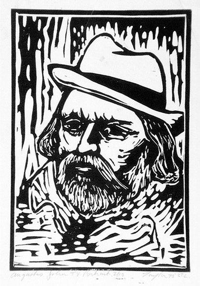 Artist: b'Taylor, John H.' | Title: b'Augustus John, TV portrait' | Date: 1975 | Technique: b'linocut, printed in black and grey  ink, from two blocks'