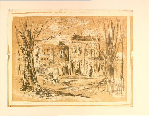 Artist: b'MACQUEEN, Mary' | Title: b'Carlton' | Date: c.1960 | Technique: b'printed in black ink, from one plate; monotype, printed in yellow ink, from one linoblock' | Copyright: b'Courtesy Paulette Calhoun, for the estate of Mary Macqueen'