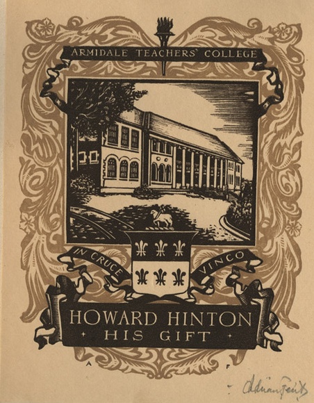 Artist: b'FEINT, Adrian' | Title: bBookplate: Armidale Teachers' College, Howard Hinton, his gift. | Date: (1938) | Technique: b'wood-engraving, printed in colour, from two blocks' | Copyright: b'Courtesy the Estate of Adrian Feint'