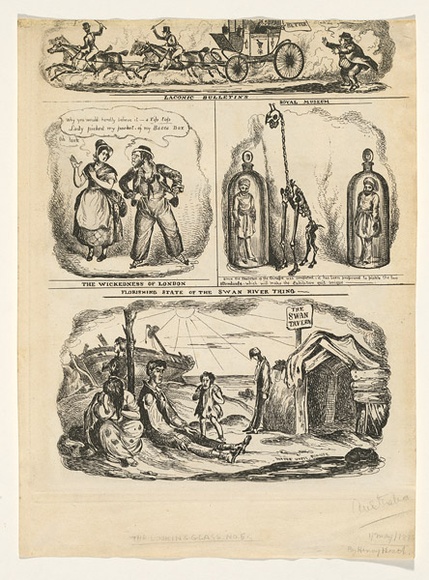 Title: b'Flourishing state of the Swan River thing . The wickedness of London. Royal museum.' | Date: 1830 | Technique: b'etching, printed in black ink, from one plate'