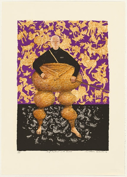 Artist: b'Robinson, William.' | Title: b'Self portrait with basket' | Date: 2004 | Technique: b'lithograph, printed in colour, from multiple stones'