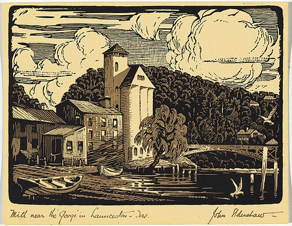 Artist: b'Eldershaw, John.' | Title: b'Mill near the Gorge in Launceston.' | Date: c.1930 | Technique: b'wood-engraving, printed in colour, from multiple blocks'