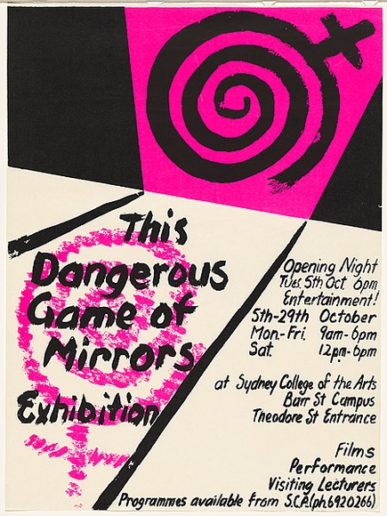 Artist: b'SCA STUDENTS' | Title: b'The Dangerous Game of Mirrors exhibition...Sydney College of the Arts.' | Date: 1982 | Technique: b'screenprint, printed in colour, from two stencils'