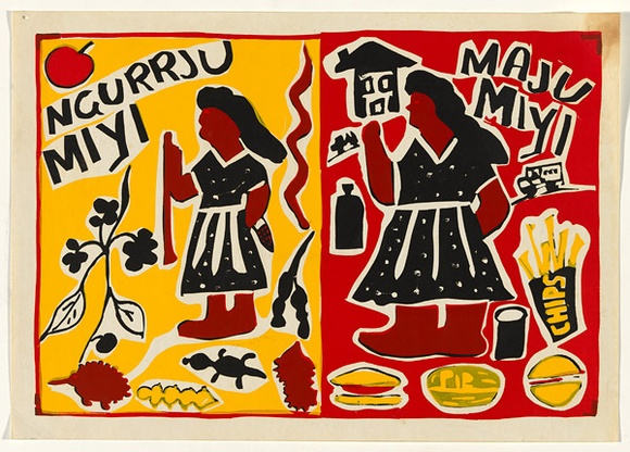 Artist: b'McMahon, Marie.' | Title: b'Ngurrju Miyi, Maju Maji (Good Food Bad Food) (3 colour stencils))' | Date: 1990 | Technique: b'screenprint, printed in colour, from three stencils' | Copyright: b'\xc2\xa9 Marie McMahon. Licensed by VISCOPY, Australia'