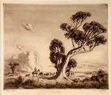 Artist: LINDSAY, Lionel | Title: The drover | Date: 1924 | Technique: drypoint, printed in brown ink with plate-tone, from one plate | Copyright: Courtesy of the National Library of Australia