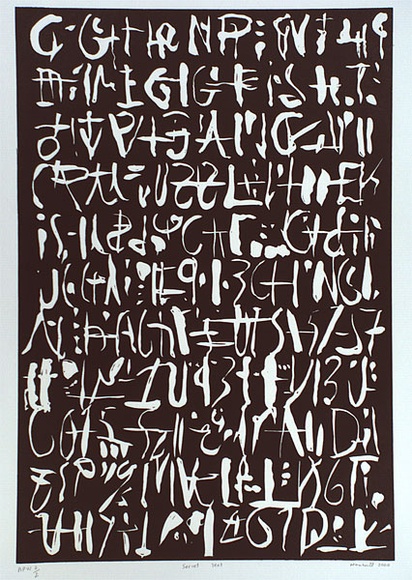 Artist: b'Marshall, John.' | Title: b'Secret text' | Date: 2000 | Technique: b'linocut, printed in black ink, from one block'