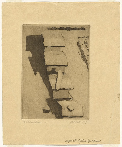 Artist: b'TRAILL, Jessie' | Title: b'Beehives in the snow.' | Date: 1929 | Technique: b'etching, printed in warm black ink with plate-tone, from one plate'