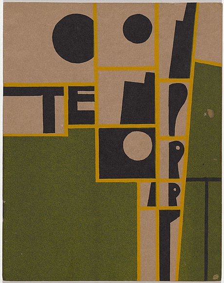 Artist: b'Roberts, Douglas.' | Title: b'(frontcover) Exhibition catalogue, Royal SA Society of Contemporary arts.' | Date: 1942 | Technique: b'linocut, printed in colour, from three blocks (black, green and yellow)'