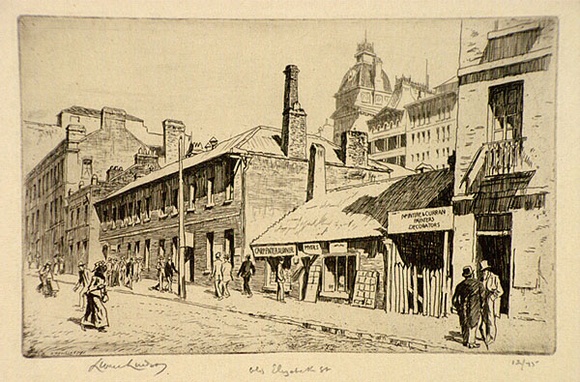 Artist: b'LINDSAY, Lionel' | Title: b'Old Elizabeth Street' | Date: 1935 | Technique: b'etching, drypoint and foul biting, printed in brown ink with plate-tone, from one plate' | Copyright: b'Courtesy of the National Library of Australia'