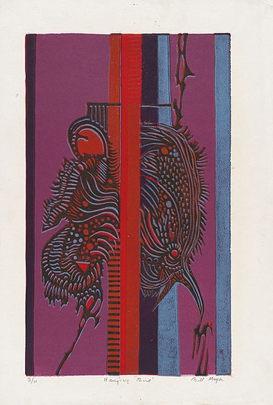 Artist: b'MEYER, Bill' | Title: b'Hanging bird' | Date: 1969 | Technique: b'linocut, printed in six colours by the reduction block process, from one block' | Copyright: b'\xc2\xa9 Bill Meyer'