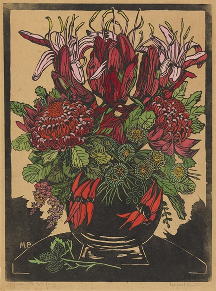 Artist: b'PRESTON, Margaret' | Title: b'Illawarra lilies and waratahs.' | Date: 1929 | Technique: b'woodcut, printed in black ink, from one block; hand-coloured' | Copyright: b'\xc2\xa9 Margaret Preston. Licensed by VISCOPY, Australia'