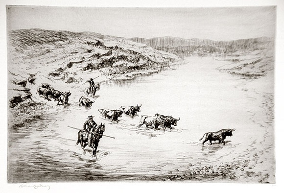 Artist: LINDSAY, Lionel | Title: The crossing | Date: 1923 | Technique: etching, aquatint, printed in black ink with plate-tone, from one plate | Copyright: Courtesy of the National Library of Australia
