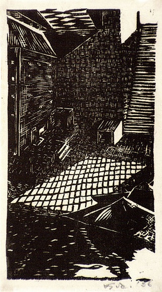 Artist: bO'Connor, Vic. | Title: b'The Bridge' | Date: c.1937 | Technique: b'linocut, printed in black ink, from one block' | Copyright: b'Reproduced with permission of the artist.'