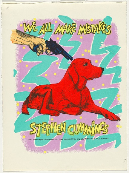 Artist: b'WORSTEAD, Paul' | Title: b'We all make mistakes - Stephen Cummings' | Date: 1982 | Technique: b'screenprint, printed in colour, from four stencils; hand-coloured' | Copyright: b'This work appears on screen courtesy of the artist'