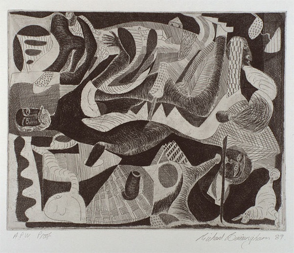 Artist: b'Birmingham, Richard.' | Title: b'not titled [dream-like figures and abstract shapes]' | Date: 1989 | Technique: b'etching, printed in black ink, from one plate'