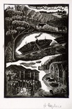 Artist: b'OGILVIE, Helen' | Title: b'not titled [Farm landscape with cows; crane loading ship; trucks outside warehouses; sheep auction].' | Date: c.1951 | Technique: b'wood-engraving, printed in black ink, from one block'