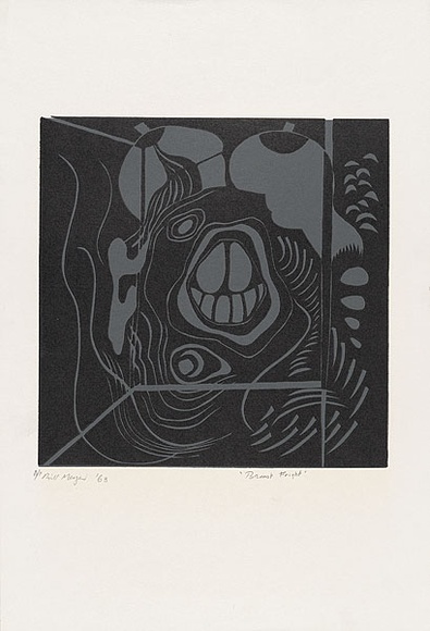 Artist: b'MEYER, Bill' | Title: b'Breast fright' | Date: 1969 | Technique: b'linocut, printed in two colours, from reduction block process' | Copyright: b'\xc2\xa9 Bill Meyer'