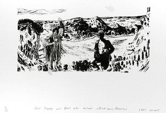 Artist: b'Lowe, Geoff.' | Title: b'How happy are those who believe without seeing (reverse)' | Date: 1987 | Technique: b'lithograph, printed in black ink, from one stone [or plate], photo-screenprint; hand-coloured'